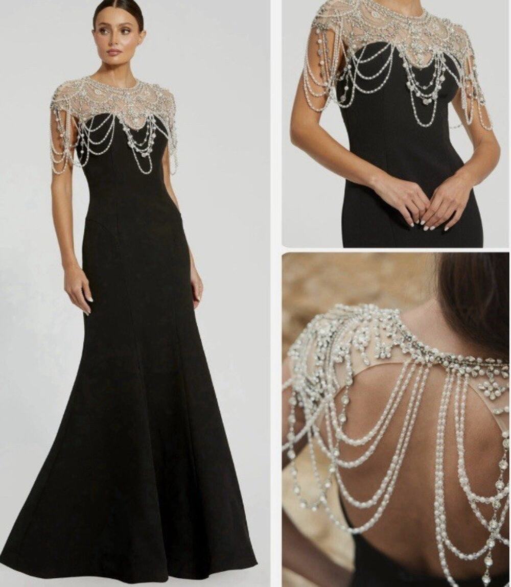 Mac Duggal 11775 Black Pearl Beaded Mermaid Gown 12 Long Crepe Illusion NeckNWOT